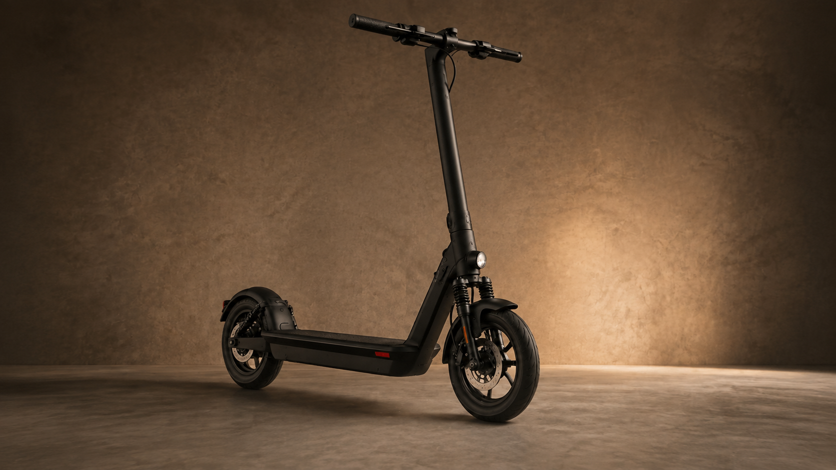 Matte-black electric scooter in a warm studio